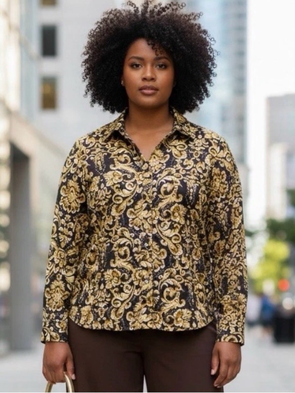 Jones New York Black and Gold Paisley Button-Up Blouse